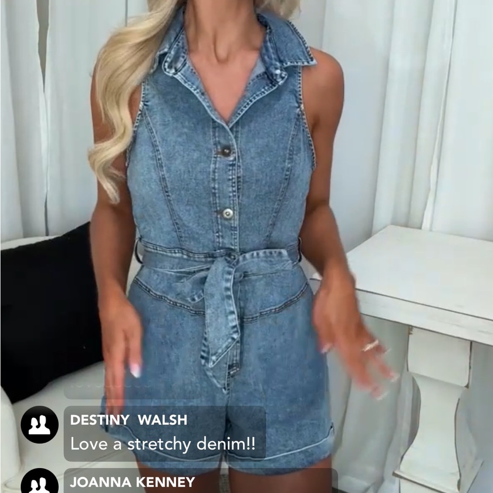 One & Only Collective Denim Button Up Collared Tie Waist Romper Size S Women’s - Picture 12 of 16